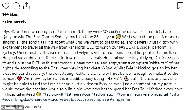 'If there is any way [Taylor] Could you find time to send Evie a little video, or just a comment on my post, it would mean the world to a girl who now has to spend her Eras Tour life experience in the hospital