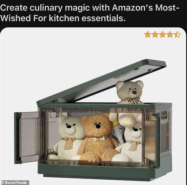 The description of this item is a bit strange, unless, of course, you are the type of person who likes to have a large collection of stuffed animals in the kitchen.