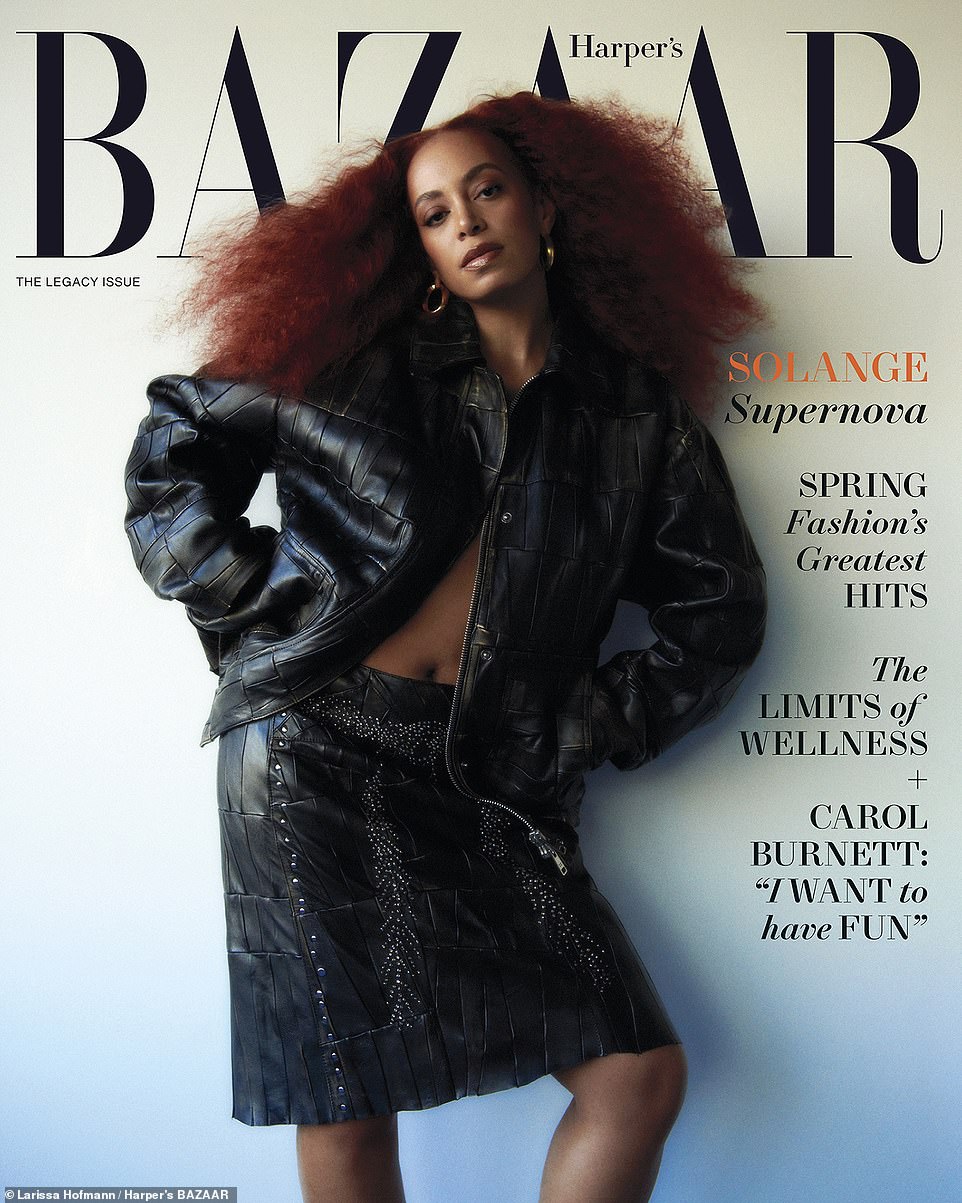 The star looked sensational on the cover in a leather jacket and skirt.