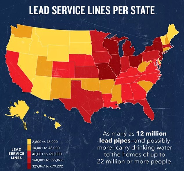 While new lead pipes are banned, there are still between nine and 13 million pipes in buildings nationwide. Map courtesy of NRDC