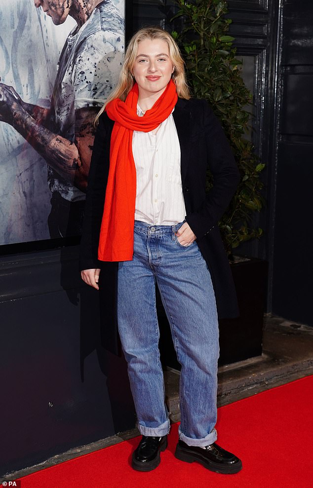Anais Gallagher was also at the press night and cut a casual figure in a white shirt, navy jacket and red scarf.