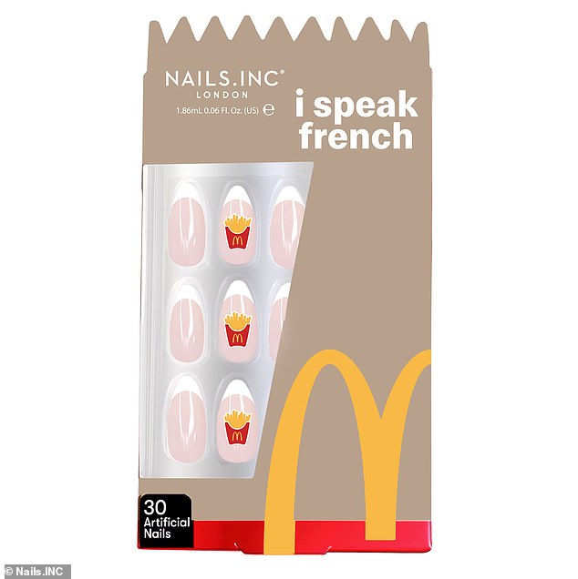 The french fry and manicure option is $6.99, with fake nails featuring the famous french fries.  The set includes 30 medium almond nails in nude, as well as non-fried options.