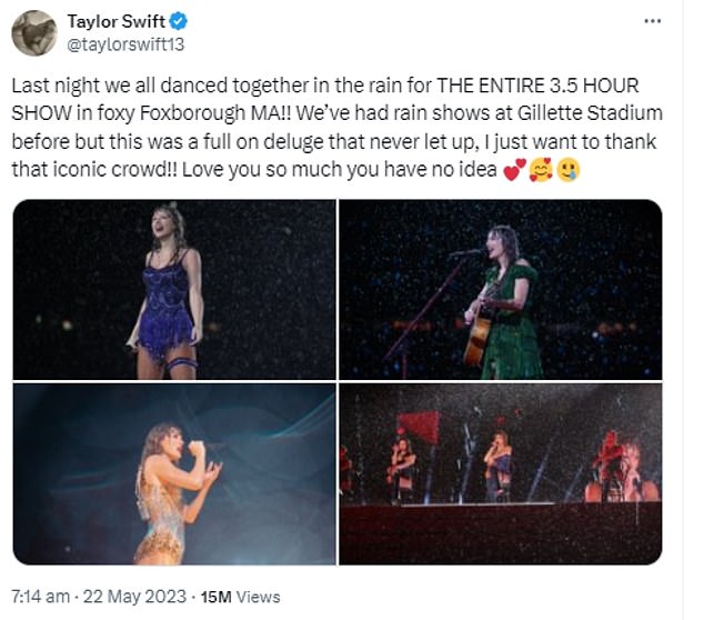 At an Eras concert in the United States last May, the duration of Swift's performance was affected by a 'total barrage that never stops', leaving her overwhelmed (pictured, her X feed with images from the night).