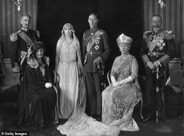 The wedding of the Duke and Duchess of York, 1923: Claude Bowes-Lyon, 14th Earl of Strathmore and Kinghorne, the bride's father; Cecilia Bowes-Lyon, Countess of Strathmore and Kinghorne, mother of the bride; Elizabeth Bowes-Lyon; The Duke of York, later King George VI; Maria de Teck, the mother of her boyfriend; King George V, father of the groom (LR)