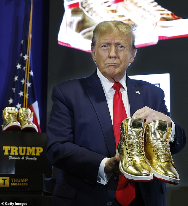 Donald Trump showed up at Sneaker Con Philadelphia over the weekend in a gold pair of Never Surrender high-tops that sell online for $399.