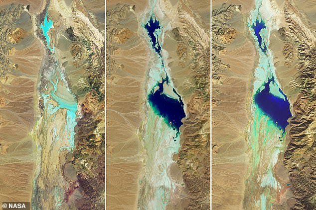 Images released by NASA, which are in false color to 'emphasize the presence of water in shades of blue', show the transformation of the area between July 5, 2023 and February 14, 2024.