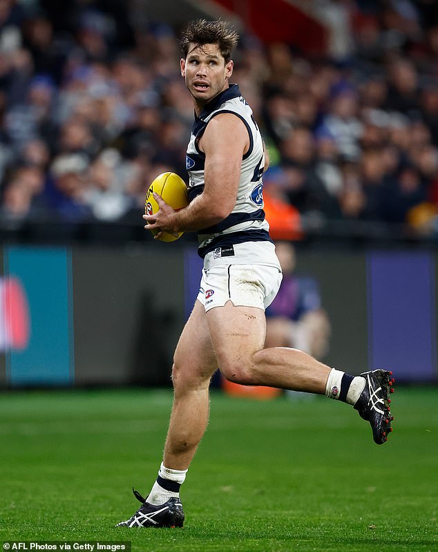 Some fans were quick to joke about Hawkins (pictured playing for Geelong in 2023)
