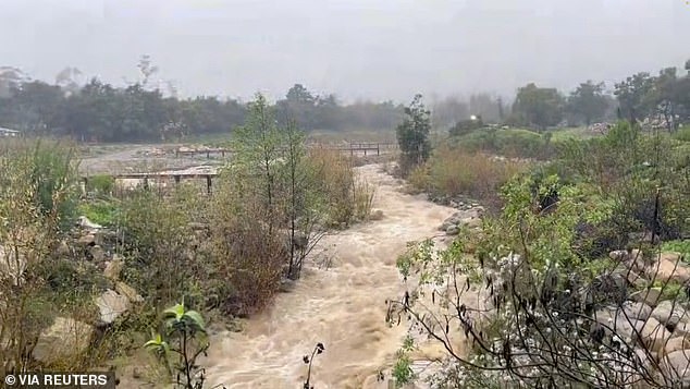 San Marcos Pass received more than 10 inches of rain, Porter Ranch, Bel Air, Leo Carrillo and Beverly Hills received more than two inches of rain on Monday. Pictured: Flooding in Montecito