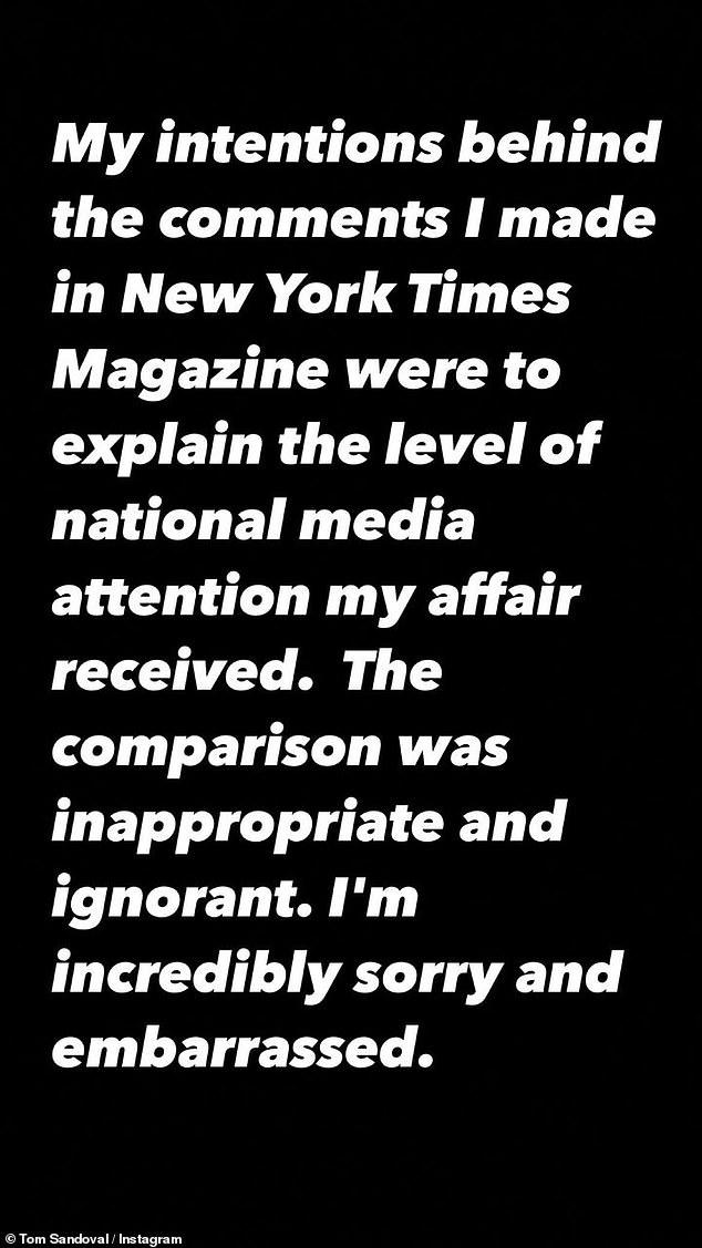 'My intentions behind the comments I made in the New York Times Magazine were to explain the level of national media attention my matter received.  The comparison was inappropriate and ignorant.  I am very sorry and ashamed