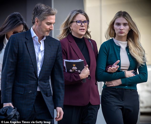 Rebecca Grossman's tearful teenage daughter, Alexis seen at far right, told Friday at the wealthy socialite's murder trial how she saw her mother's lover, Scott Erickson, hiding behind a tree.