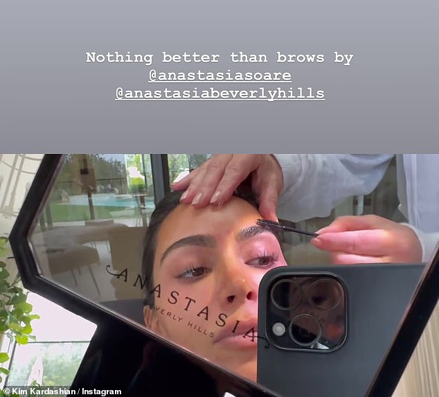 Elsewhere on her Stories, Kim shared a clip showing her getting her eyebrows done at Anastasia Beverly Hills.