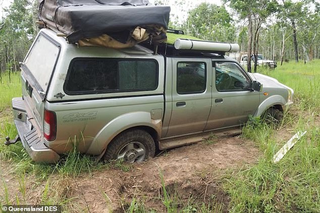 The couple's four-wheel drive Nissan Navara (pictured) got stuck after they followed directions to enter Oyala Thumotang National Park via a dirt road, known as Langi Track, which leads to the former Archers Crossing.