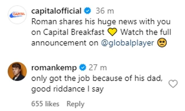 As Capital shared the news on his Instagram, Roman jokingly responded: 