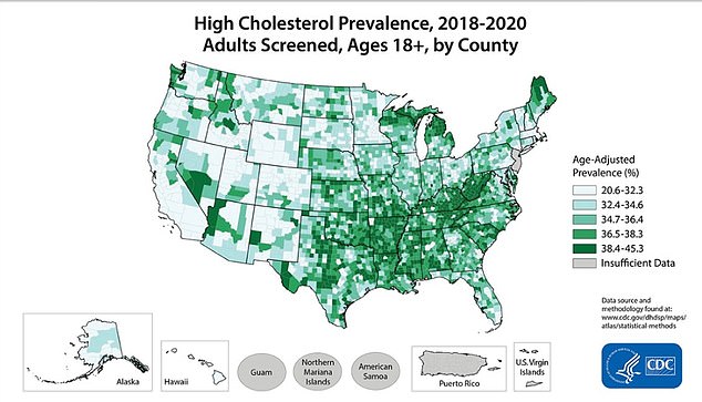 The map shows the concentrations of counties with the highest prevalence of cholesterol. Health officials often advise people to limit their consumption of fatty foods, which can influence the amount of cholesterol the body produces.