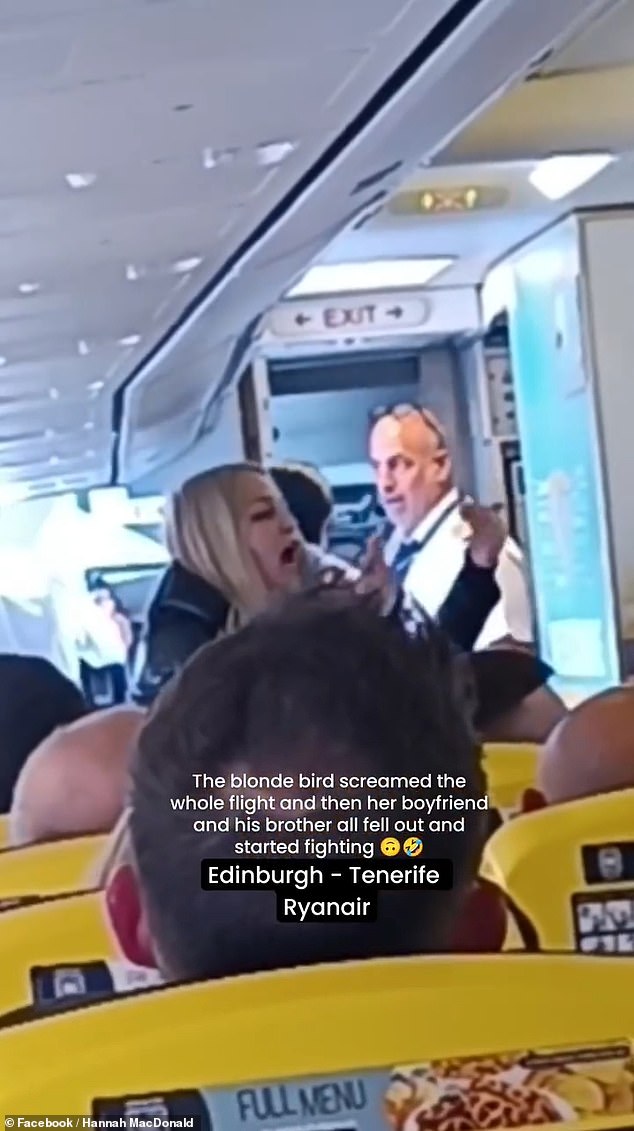 The video then cuts to a blonde woman further down the plane apparently getting angry at one of the men.