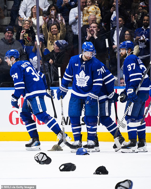 Auston Matthews (No. 34) and his teammates leave the ice after his natural hat trick