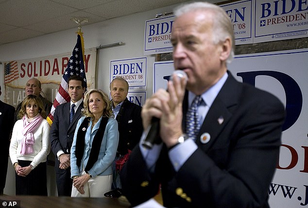 The Biden family joins Joe on stage in 2008, including his sister, Valerie Biden Owens, left, his son Hunter, his wife Jill and his brother Jim.