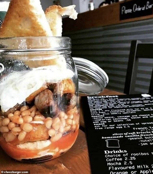 Oh!  Someone in the UK was served a full English breakfast, with beans, eggs, tomatoes and sausages all in a jar.