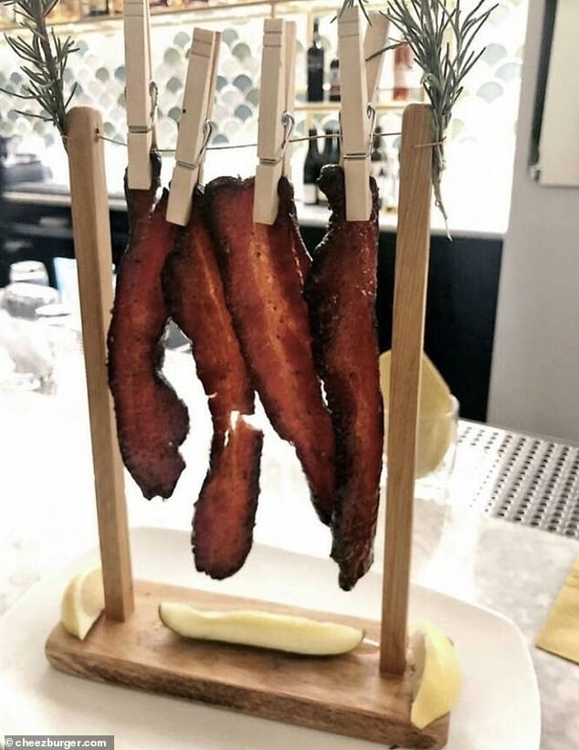 What the hell is this in horror movie? This bacon was served suspended from clothespins on a strange clothesline