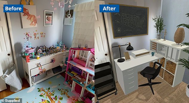 The before and after image shows an existing room (left) being remodeled in the IKEA app into something completely different (right)