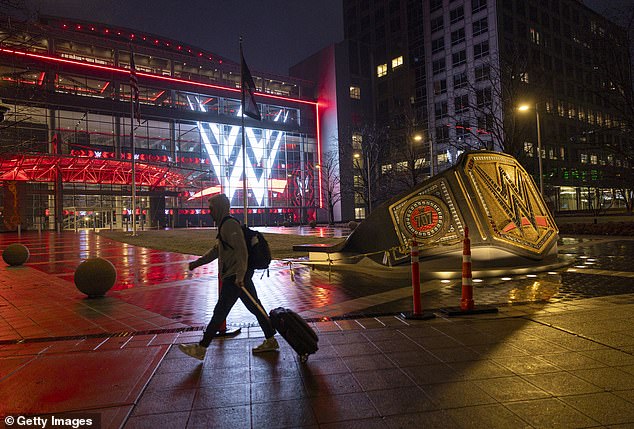 The WWE logo shines from WWE World Headquarters on January 28 in Stamford, Connecticut