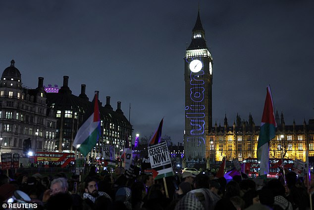 The comments came just days before Parliament voted on a motion calling for an immediate ceasefire in Gaza. Pictured: A protest taking place in Westminster on Sunday.