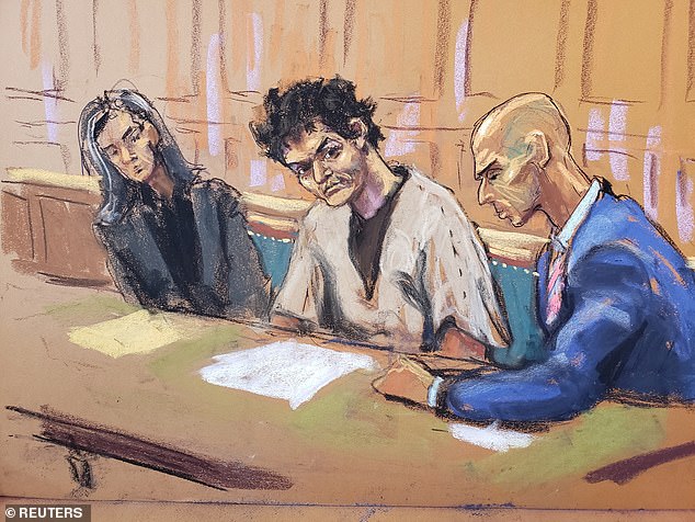 Upon returning to court, he had noticeably lost some weight and his black hair was growing back. In this court sketch, he is depicted sitting with his attorneys Torrey Young (drawn at left) and Marc Mukasey.