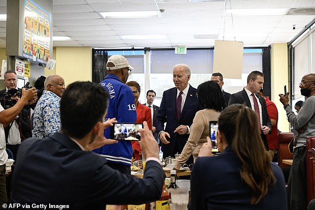 Biden made an unannounced stop at CJ's Cafe in Baldwin Hills on Wednesday before continuing on to Culver City to deliver his speech at the library.