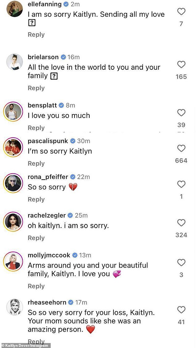 The Arizona-born beauty's Instagram post received touching comments of condolence from her celebrity friends Elle Fanning, Brie Larson, Ben Platt, Pedro Pascal, Rona Pfeiffer, Rachel Zegler, Molly McCook and Rhea Seehorn.