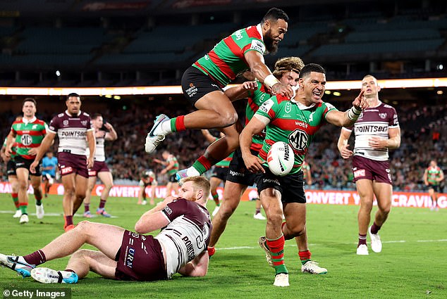 The Souths flew business class to the United States earlier in the week and will stay in San Diego in the run-up to the match (pictured, Cody Walker celebrates a try against Manly)