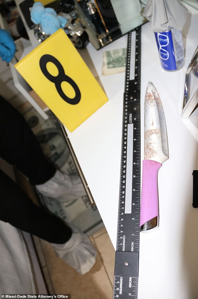 The knife is seen at the crime scene in Hialeah, Florida. Rosa has been charged as an adult with the murder.