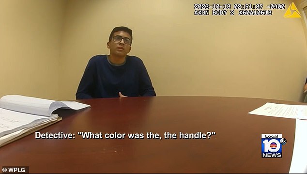 The teen was seen describing the size and color of the knife he allegedly used to commit the murder.
