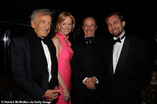 Elie Wiesel, Louise T. Blouin MacBain, Mort Zuckerman and Prince Zeid Ra'ad Zeid Al-Hussein attend the Louise T Blouin Foundation Opening Dinner and Awards Presentation at the Nomadic Museum on May 2, 2005 in the New York City