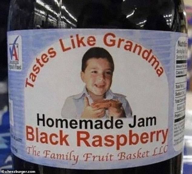 An amused shopper spotted a child smiling while eating raspberry jam beneath the brand name, Tastes Like Grandma.