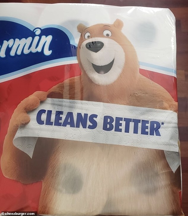 Shoppers buying toilet paper rolls were laughed elsewhere as an innocent bear received an unnecessary addition to the package.