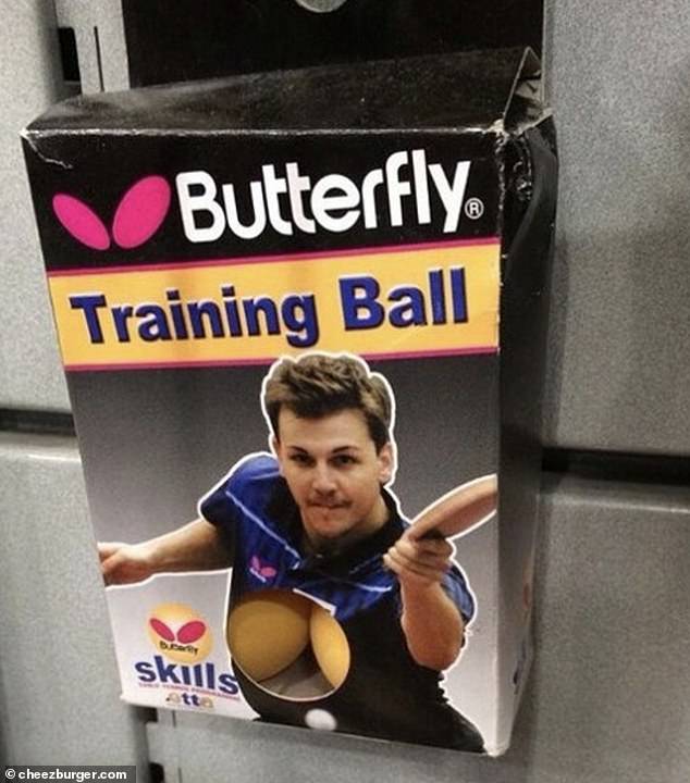 A company revealed its table tennis balls on the packaging, but the placement alluded to something else
