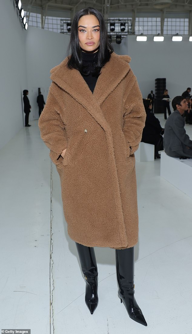 Also present was Australian model Shanina Shaik, 33, who appeared in a huge brown teddy coat in front of the high-end fashion house.