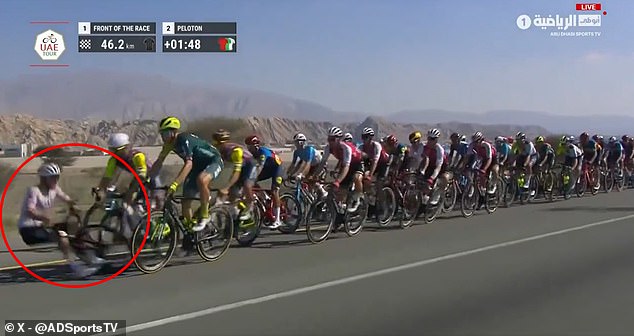 Yates fell off his bike while riding in the peloton with 47 kilometers to go