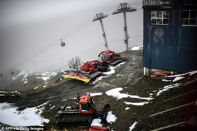 FRANCE: This was the scene on Monday at the Artouste ski resort in the Pyrénées-Atlantiques, France, where the dry terrain is noticeable and the piste cleaning machines are lined up with nothing to do.