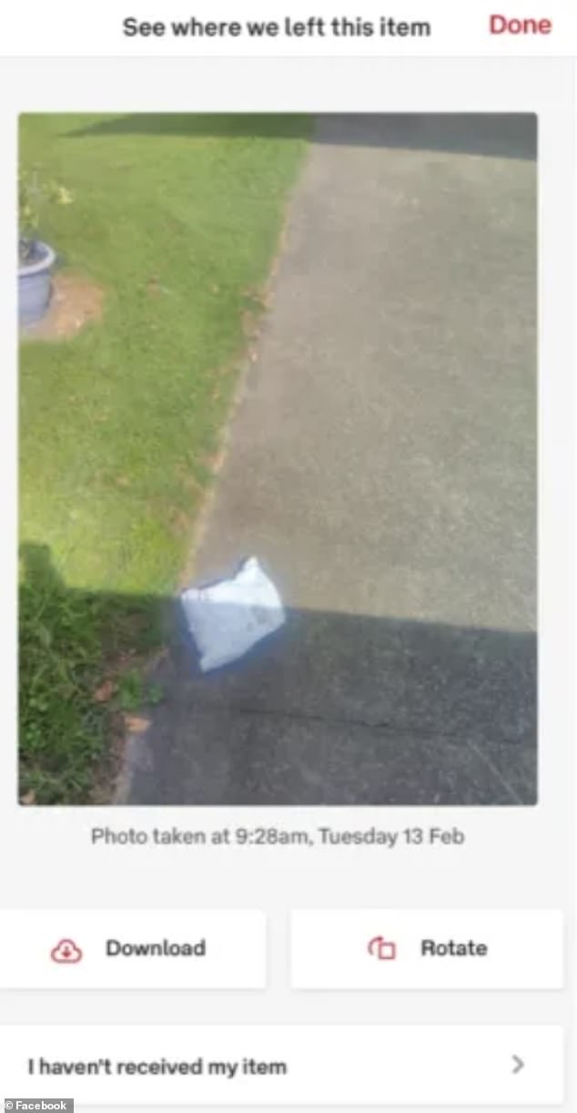To add insult to injury, the driver sent the woman a photo of the package (pictured) on the road, next to a patch of grass, as proof that it had been delivered.