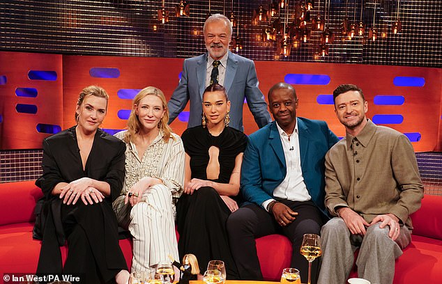 Dua was joined by Oscar-winning actresses Kate Winslet and Cate Blanchett, Hustle star Adrian Lester and pop superstar Justin Timberlake (LR) on The Graham Norton Show, which airs on Friday.