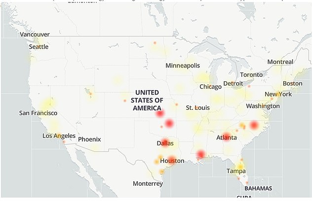 DownDetector's outage map highlights New York, Boston, Washington, Montreal, Honolulu, Atlanta, Houston, Dallas, Los Angeles, Seattle and San Francisco as hotspots with disruptive service.