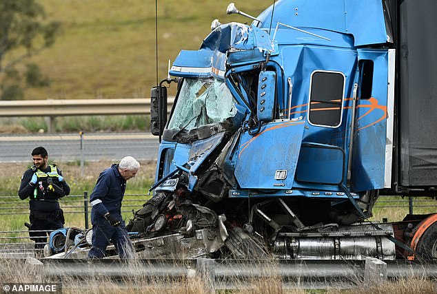 On average, one truck driver per week died on Australian roads last year (pictured, an accident in Melbourne in 2022).