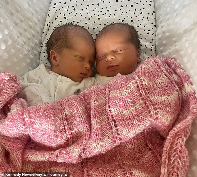 The twins filmed the scenes when they were seven months old and are now almost two months old (pictured as newborns in April 2022).