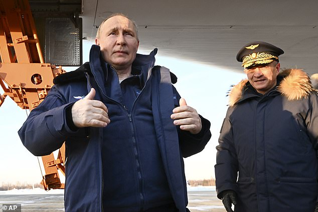 Vladimir Putin speaks after flying a modernized Tu-160M ​​nuclear-capable strategic bomber, in Kazan, Russia