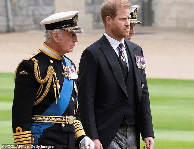 Father and son as they arrive at St George's Chapel ahead of Queen Elizabeth II's funeral in September 2022.