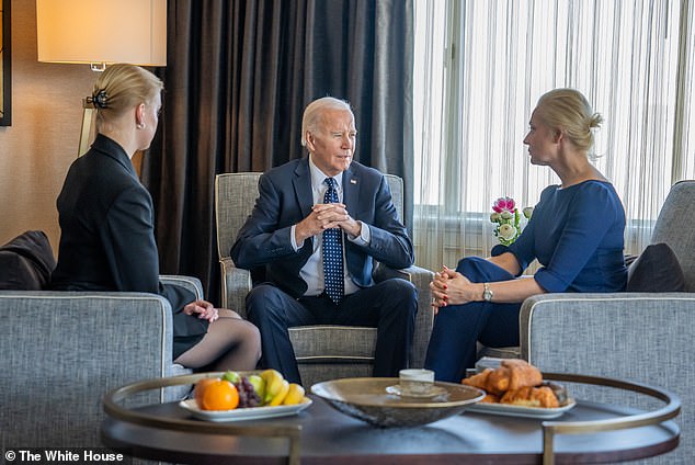 Biden was at the Fairmont Hotel, where he met earlier with the widow and daughter of Alexei Navalny, the opposition leader who died in a Russian prison on Friday.