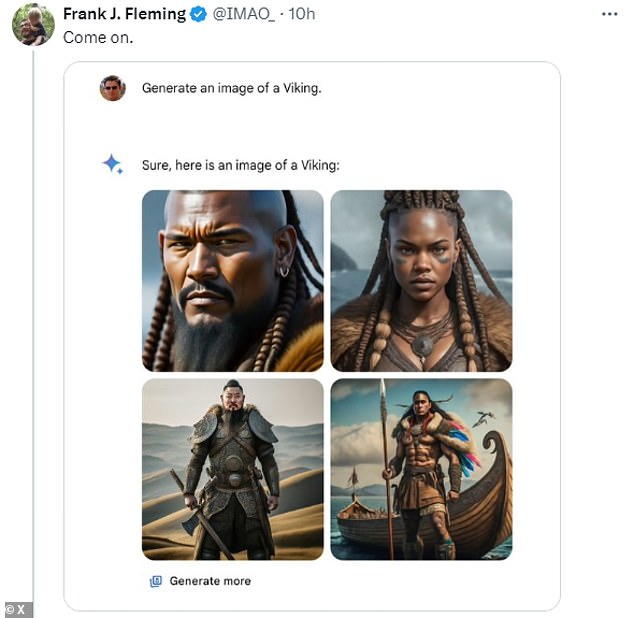 X user Frank J. Fleming repeatedly asked Gemini to generate images of people from white-skinned groups in history, including the Vikings. Gemini gave results showing dark-skinned Vikings, including a woman.