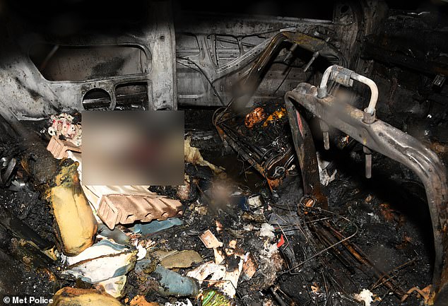An image shows the inside of the couple's burned car. The baby's placenta was found in the vehicle, the Old Bailey heard.