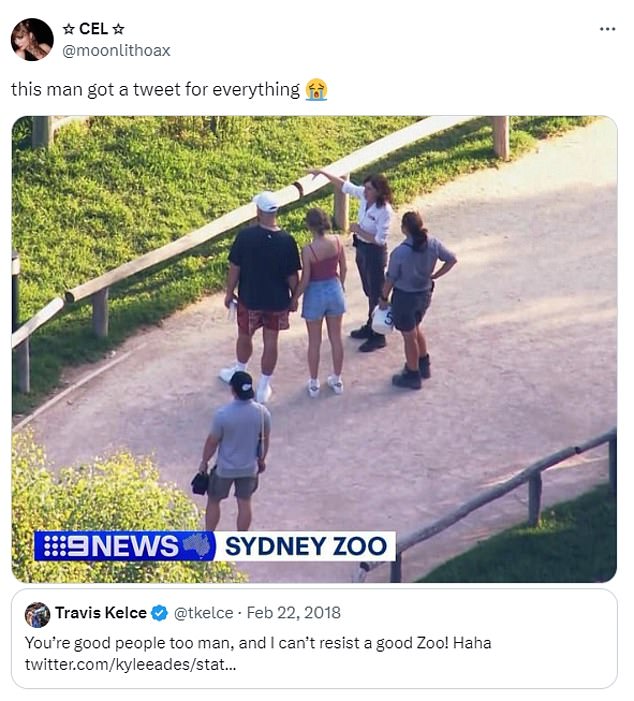 Swift's legion of die-hard fans found the post after the pair were spotted at a zoo in Australia, before realizing Kelce wrote it on the exact same day.